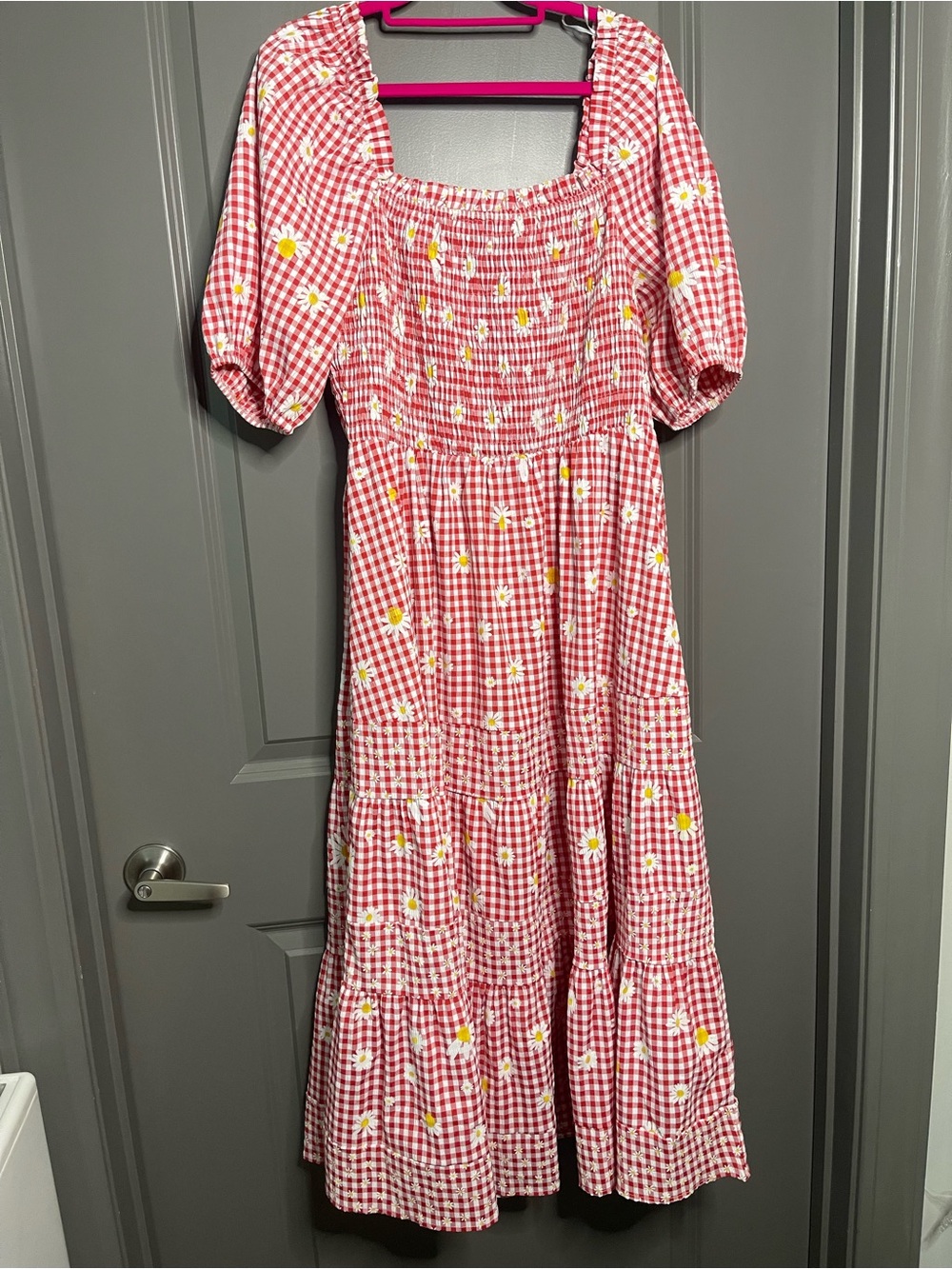 Red Gingham Maxi Dress with Daisy Print - Picture 2 of 10